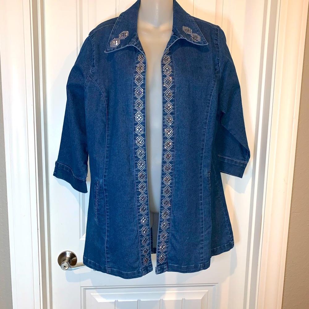 Open Front Lightweight Denim Jacket with Rhinestones